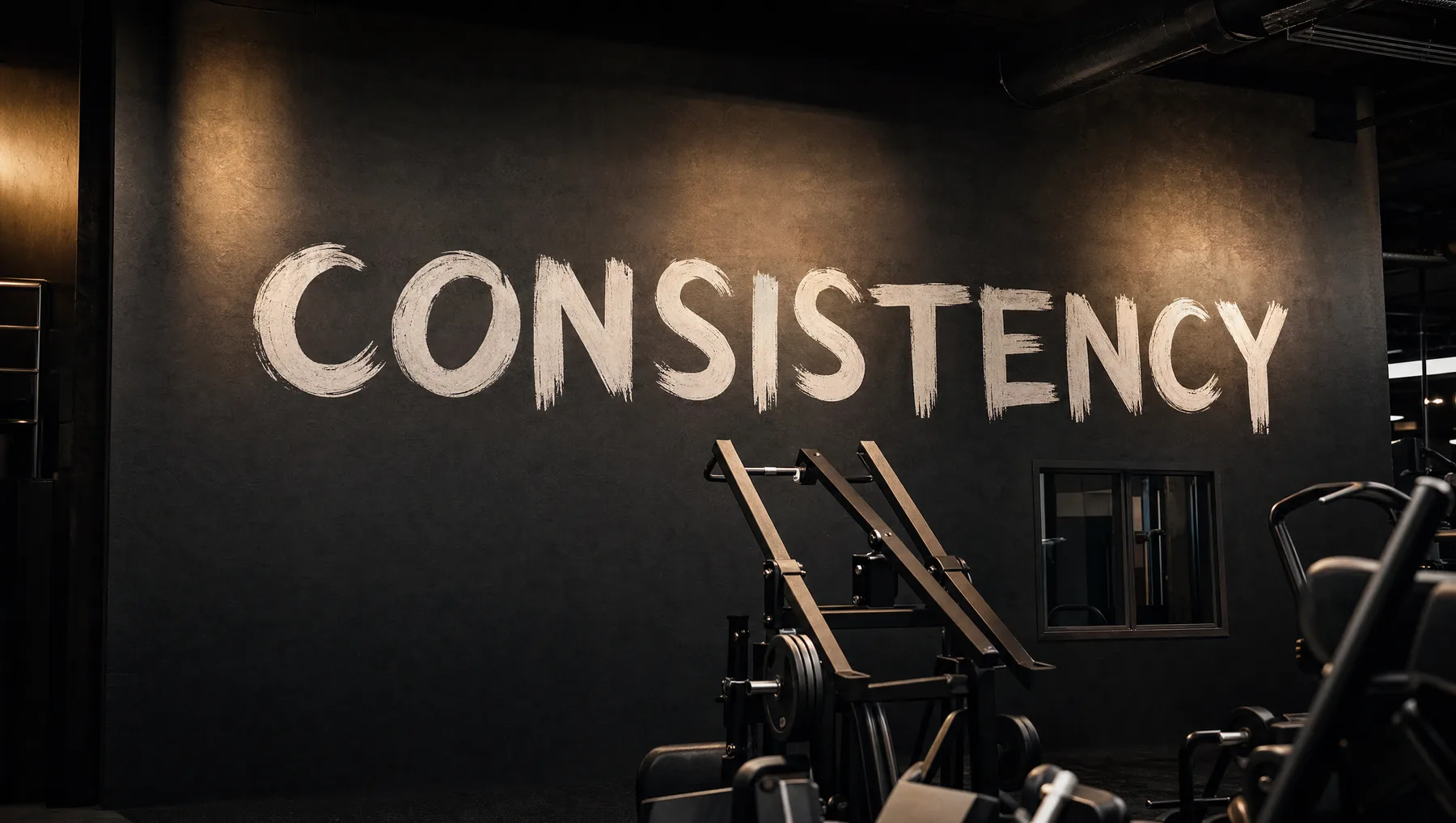 A dark performance gym with the word CONSISTENCY painted boldly across a charcoal wall
